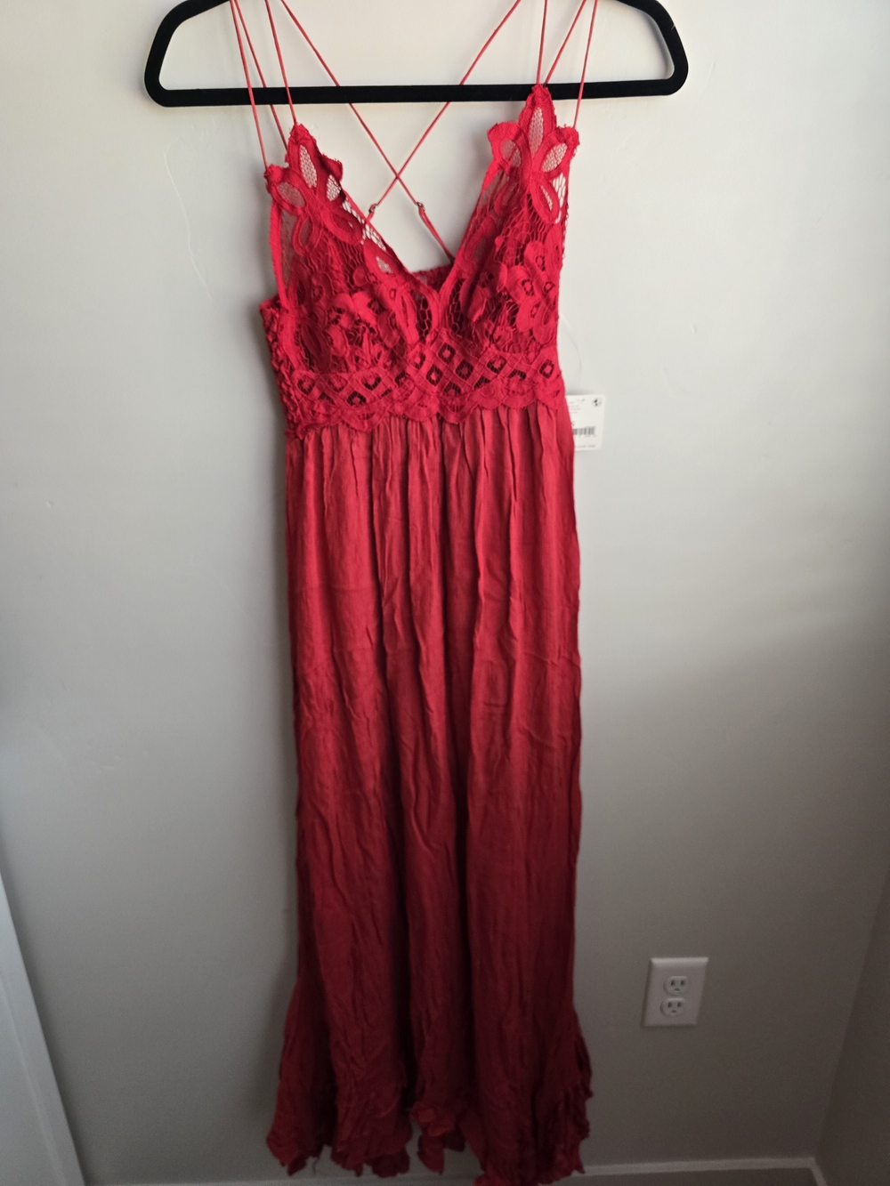 Red Crochet Bodice Spaghetti-Strap Maxi Dress with Crisscross Back